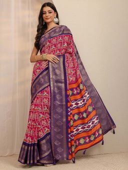 Libas - Pink Ethnic Motif Printed Zari Woven Design Saree With Unstitched Blouse
