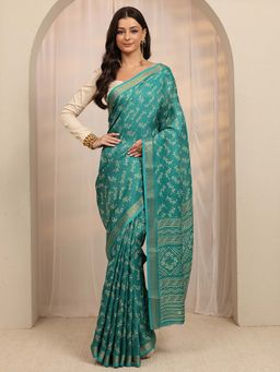 Libas - Green Floral Printed Zari Woven Design Saree With Unstitched Blouse