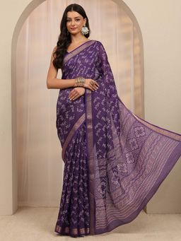 Libas - Purple Floral Printed Zari Woven Design Saree With Unstitched Blouse
