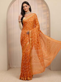 Libas - Orange Floral Printed Zari Woven Design Saree With Unstitched Blouse