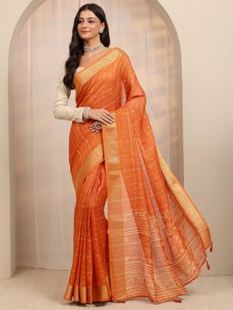 Libas - Orange Printed Zari Woven Design Saree With Unstitched Blouse