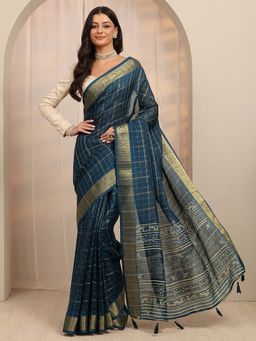 Libas - Navy Printed Zari Woven Design Saree With Unstitched Blouse