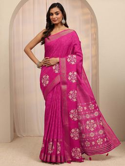 Libas - Pink Floral Printed & Woven Design Saree With Unstitched Blouse