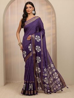 Libas - Purple Floral Printed & Woven Design Saree With Unstitched Blouse