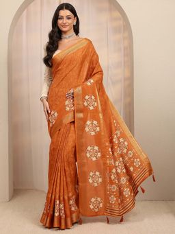 Libas - Orange Floral Printed & Woven Design Saree With Unstitched Blouse