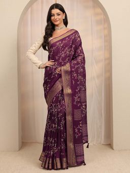 Libas - Burgundy Floral Printed & Woven Design Saree With Unstitched Blouse