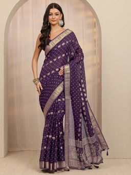 Libas - Purple Floral Woven Design Saree With Unstitched Blouse