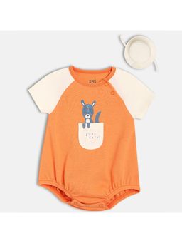 MINI KLUB - Orange Cotton Half Sleeves Cartoon Printed Bodysuit with Cap