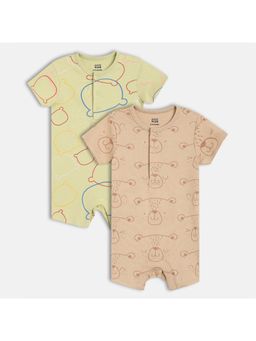MINI KLUB - Olive Brown Cotton Half Sleeves Cartoon Printed Rompers (Pack of 2)