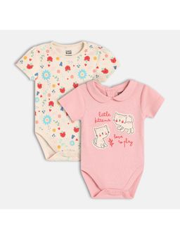 MINI KLUB - Cotton Half Sleeves Floral & Text Printed Bodysuits (Pack of 2)