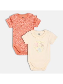 MINI KLUB - Coral & Pink Cotton Half Sleeves Floral Printed Bodysuits (Pack of 2)