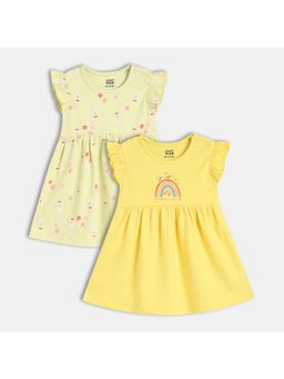 MINI KLUB - Green & Yellow Cotton Cap Sleeves Floral Dresses (Pack of 2)