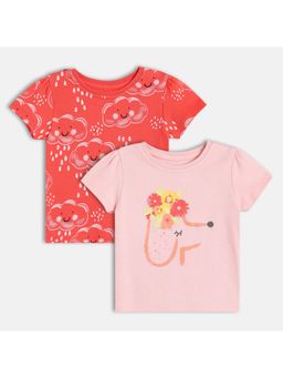 MINI KLUB - Red & Pink Cotton Half Sleeves Floral with Cloud Knit Tops (Pack of 2)