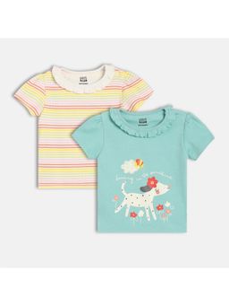 MINI KLUB - White & Blue Cotton Stripes with Animal Printed Knit Tops (Pack of 2)