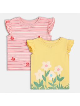 MINI KLUB - Pink & Yellow Cotton Cap Sleeves Floral Printed Knit Tops (Pack of 2)