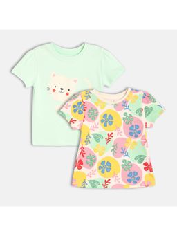 MINI KLUB - Green & Pink Cotton Floral with Cartoon Printed Knit Tops (Pack of 2)