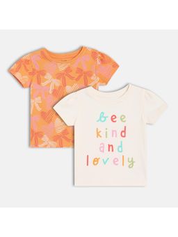 MINI KLUB - Orange & Pink Cotton Bow with Text Printed Knit Tops (Pack of 2)