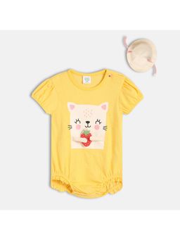 MINI KLUB - Cotton Half Sleeve Cartoon Printed Romper with Hair Band
