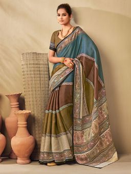 Odette - Womens Tussar Silk Teal blue Printed Saree with Unstitched Blouse