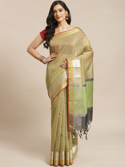 Indethnic - Banarasi Olive Checked Work Wear Saree With Unstitched Blouse