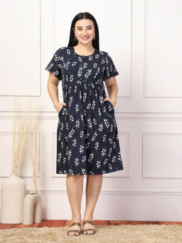 Zelena - Women Half Sleeves 100% Cotton Printed Maternity Zipless Feeding Dress