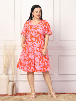 Zelena - Women Half Sleeves Cotton Floral Printed Maternity Zipless Feeding Dress