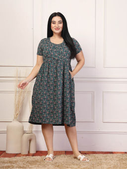 Zelena - Women Half Sleeves Cotton Floral Printed Maternity Zipless Feeding Dress