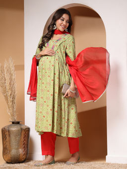 Zelena - Women 3/4 Sleeves Rayon Maternity Feeding Kurta and Dupatta Set with Zip