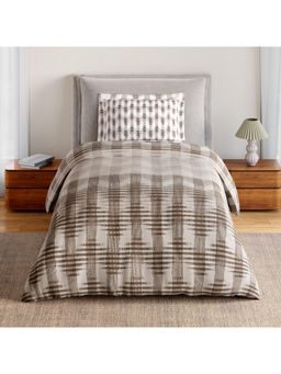 SPACES - Linear Traced 100% Cotton Geometric Design Single Bedsheet with 1 Pillow Cover - Light Taupe