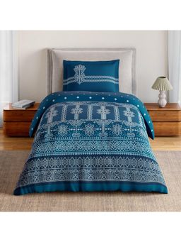 SPACES - Minimal Moons 100% Cotton Ornate Print Single Bedsheet with 1 Pillow Cover - Dark Teal