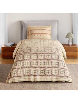 SPACES - Linear Traced 100% Cotton Geometric Design Single Bedsheet with 1 Pillow Cover - Beige