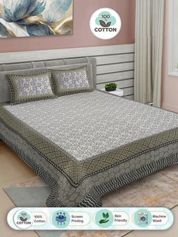 FABINALIV - Green Floral 100% Cotton King Double Bedsheet with 2 Pillow Covers