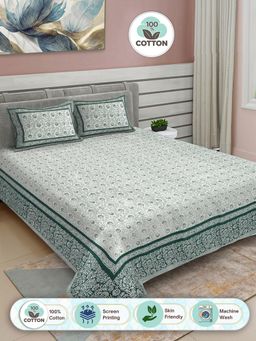 FABINALIV - Green Floral 100% Cotton King Double Bedsheet with 2 Pillow Covers