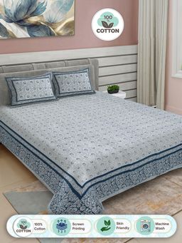 FABINALIV - Blue Floral 100% Cotton King Double Bedsheet with 2 Pillow Covers