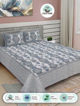FABINALIV - Blue Ethnic Motifs 100% Cotton King Double Bedsheet with 2 Pillow Covers