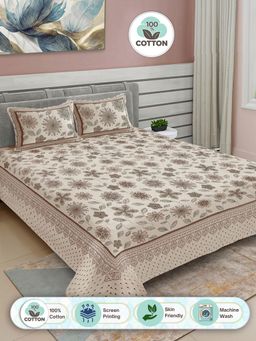FABINALIV - Brown Floral 100% Cotton King Double Bedsheet with 2 Pillow Covers