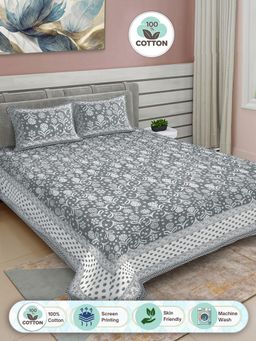 FABINALIV - Grey Floral 100% Cotton King Double Bedsheet with 2 Pillow Covers