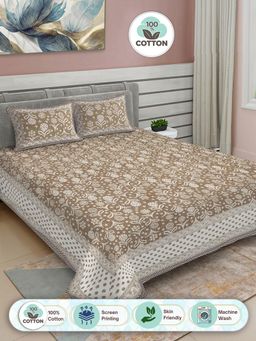FABINALIV - Brown Floral 100% Cotton King Double Bedsheet with 2 Pillow Covers