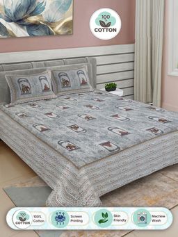 FABINALIV - Grey Ethnic Motifs 100% Cotton King Double Bedsheet with 2 Pillow Covers