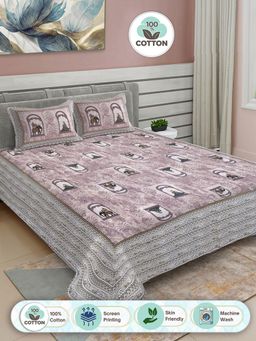 FABINALIV - Pink Ethnic Motifs 100% Cotton King Double Bedsheet with 2 Pillow Covers