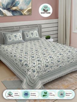 FABINALIV - Blue Floral 100% Cotton King Double Bedsheet with 2 Pillow Covers