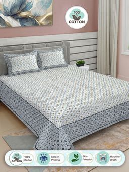 FABINALIV - Grey Floral 100% Cotton King Double Bedsheet with 2 Pillow Covers