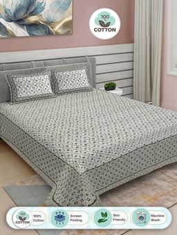 FABINALIV - Green Floral 100% Cotton King Double Bedsheet with 2 Pillow Covers