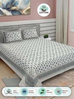 FABINALIV - Green Ethnic Motifs 100% Cotton King Double Bedsheet with 2 Pillow Covers