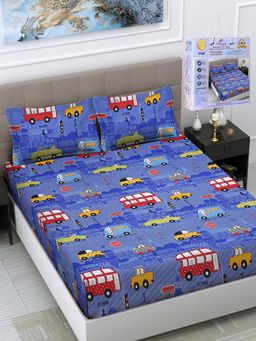 FABINALIV - Blue Cartoon Print Cotton King Fitted Double Bedsheet with 2 Pillow Covers