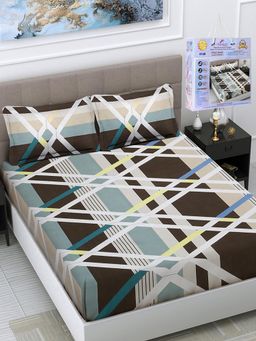 FABINALIV - Multicolor Geometric Cotton King Fitted Double Bedsheet with 2 Pillow Covers