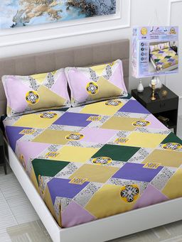 FABINALIV - Multicolor Geometric Cotton King Fitted Double Bedsheet with 2 Pillow Covers