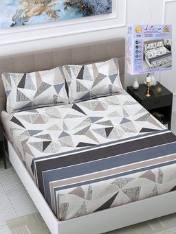 FABINALIV - Multicolor Geometric Cotton King Fitted Double Bedsheet with 2 Pillow Covers