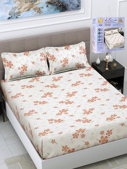 FABINALIV - White Floral Cotton King Fitted Double Bedsheet with 2 Pillow Covers