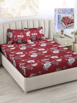 FABINALIV - Maroon Floral Cotton King Fitted Double Bedsheet with 2 Pillow Covers